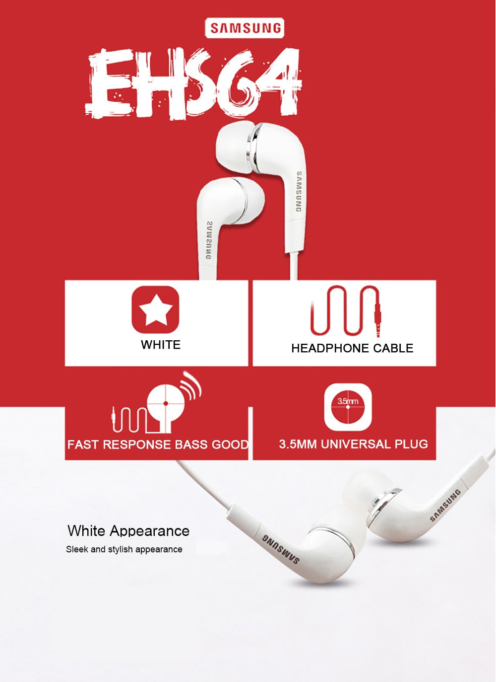Genuine Samsung Handsfree Headphones Earphones Earbud Black with Mic-EHS64AVFWE